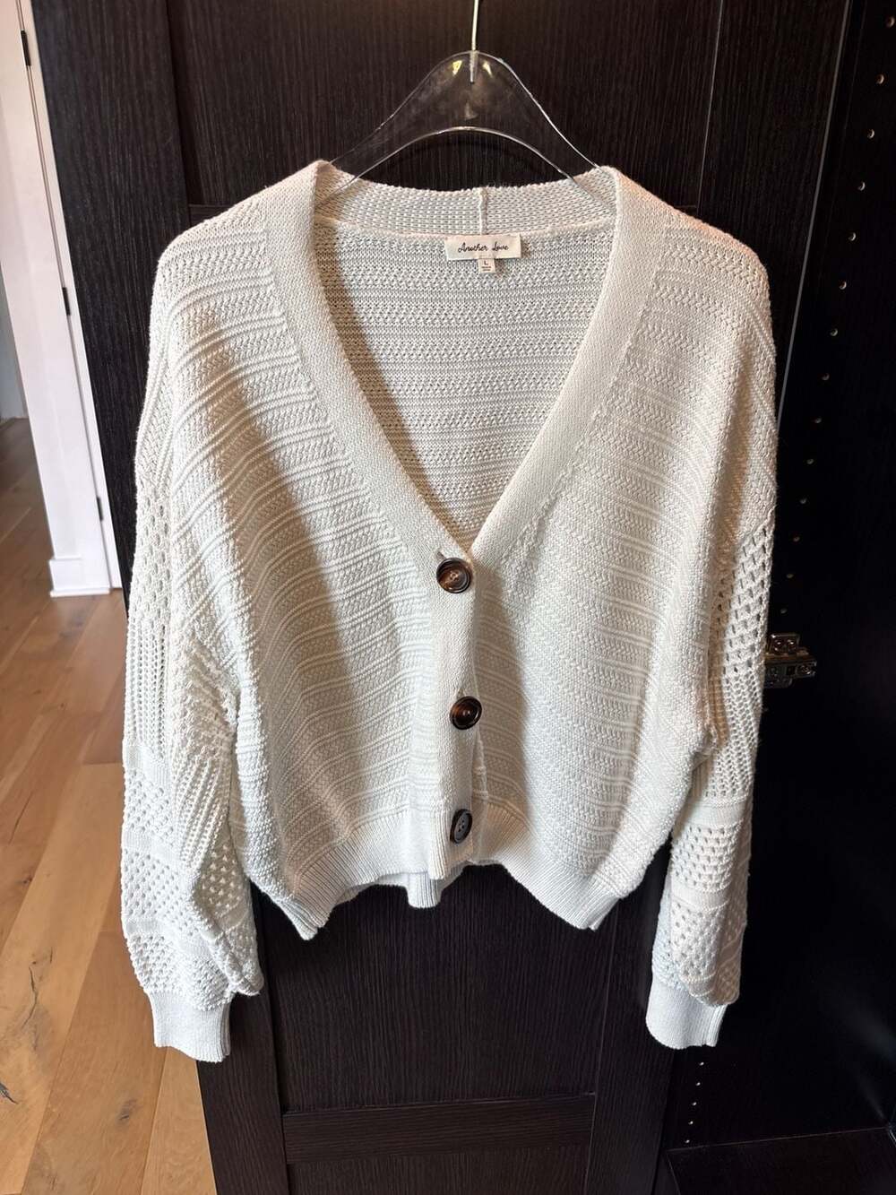 Another Love White Textured Knit Cropped Cardigan Sweater Size L